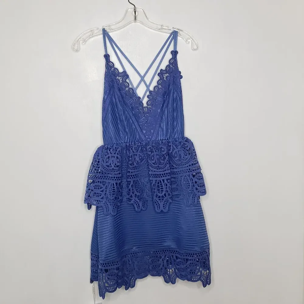 NEW self-portrait Lace Peplum Dress Blue Plunging Neck Revolve Women 2 - Picture 13 of 15